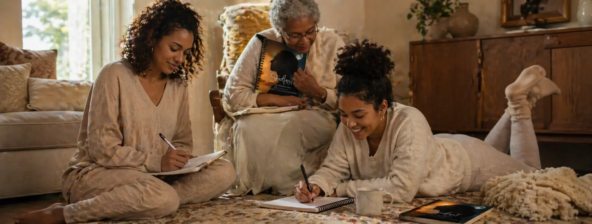A small group of women writing in their journals together in a sunlit living room