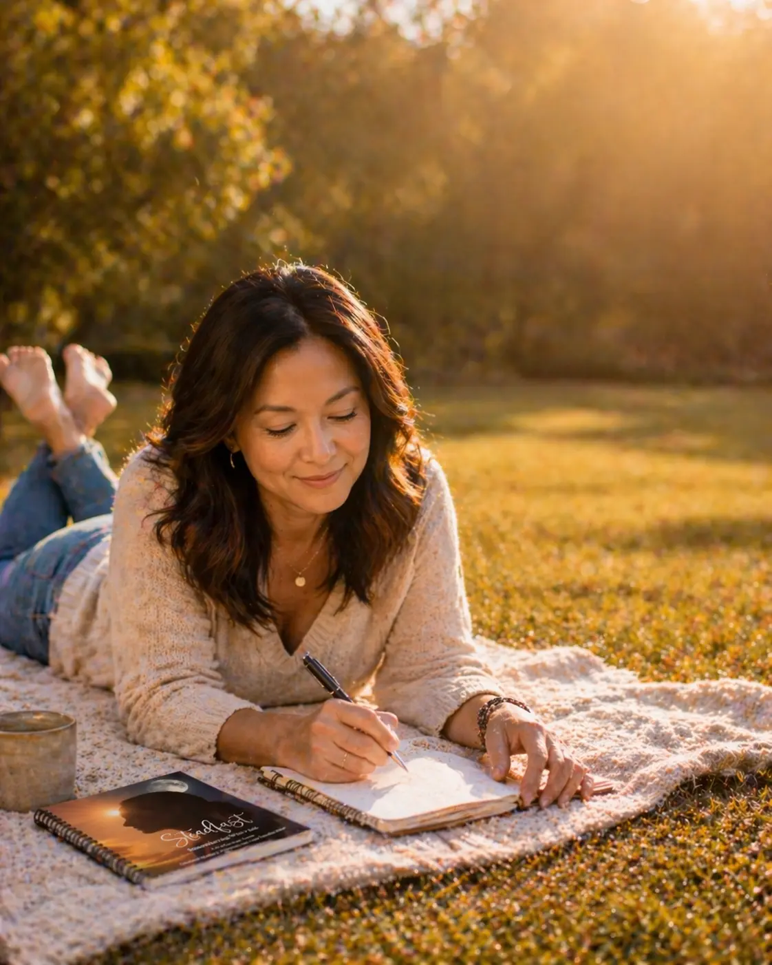 A woman lying on a blanket in a sunlit field, writing in her journal beside the Steadfast journal